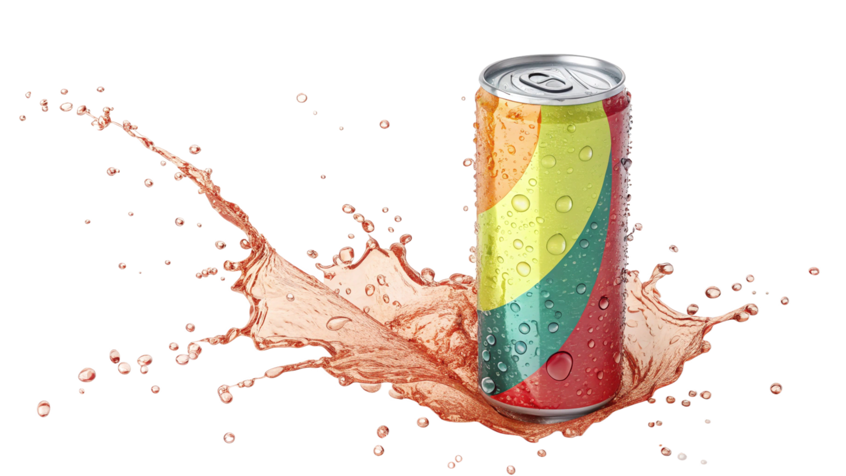 Refreshing Soda Can with Splashing Liquid and Colorful Design png