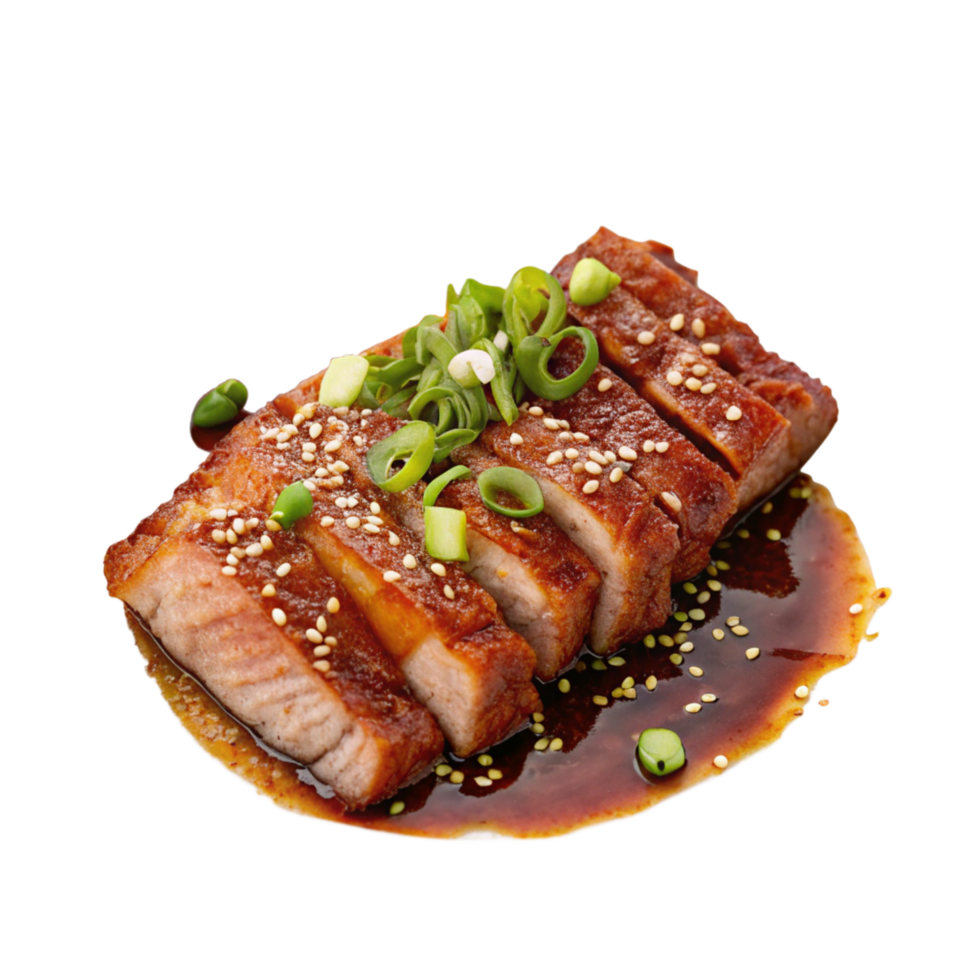 Delicious Sliced Asian Pork with Sesame Seeds and Green Onions in Savory Glaze png