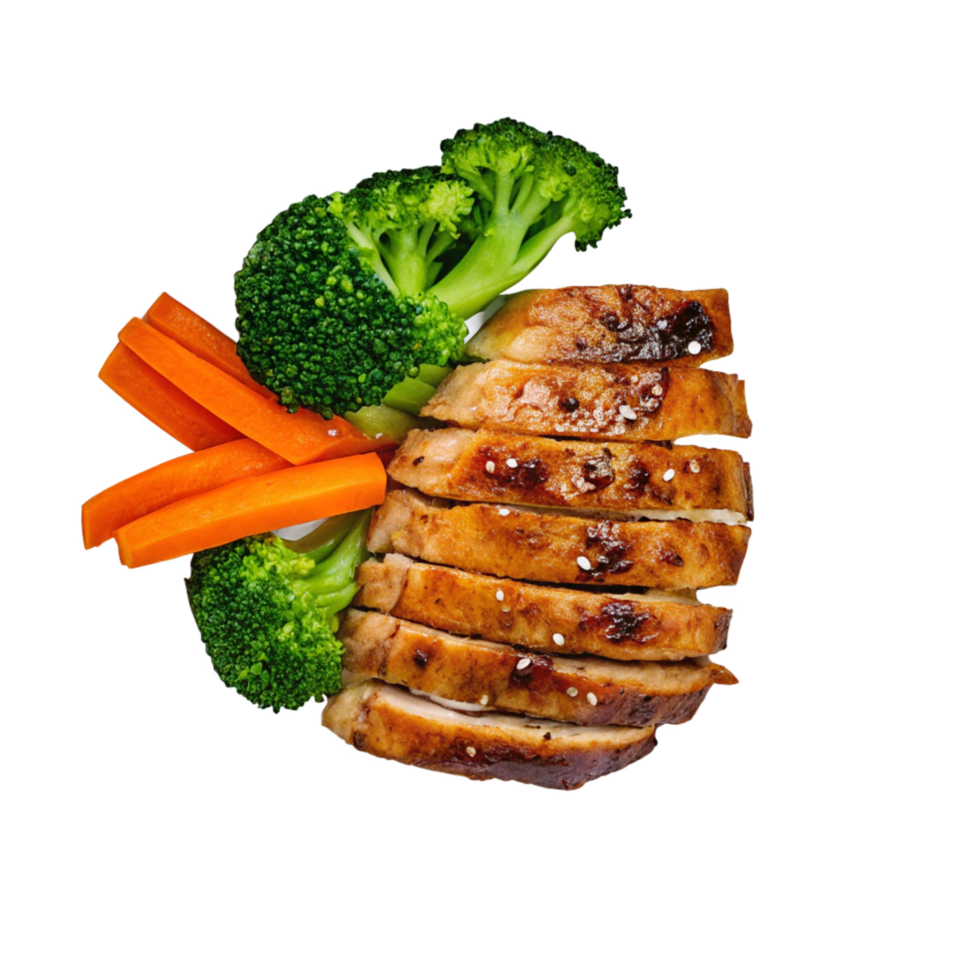 Delicious Sliced Teriyaki Chicken Breast with Steamed Broccoli and Carrots png