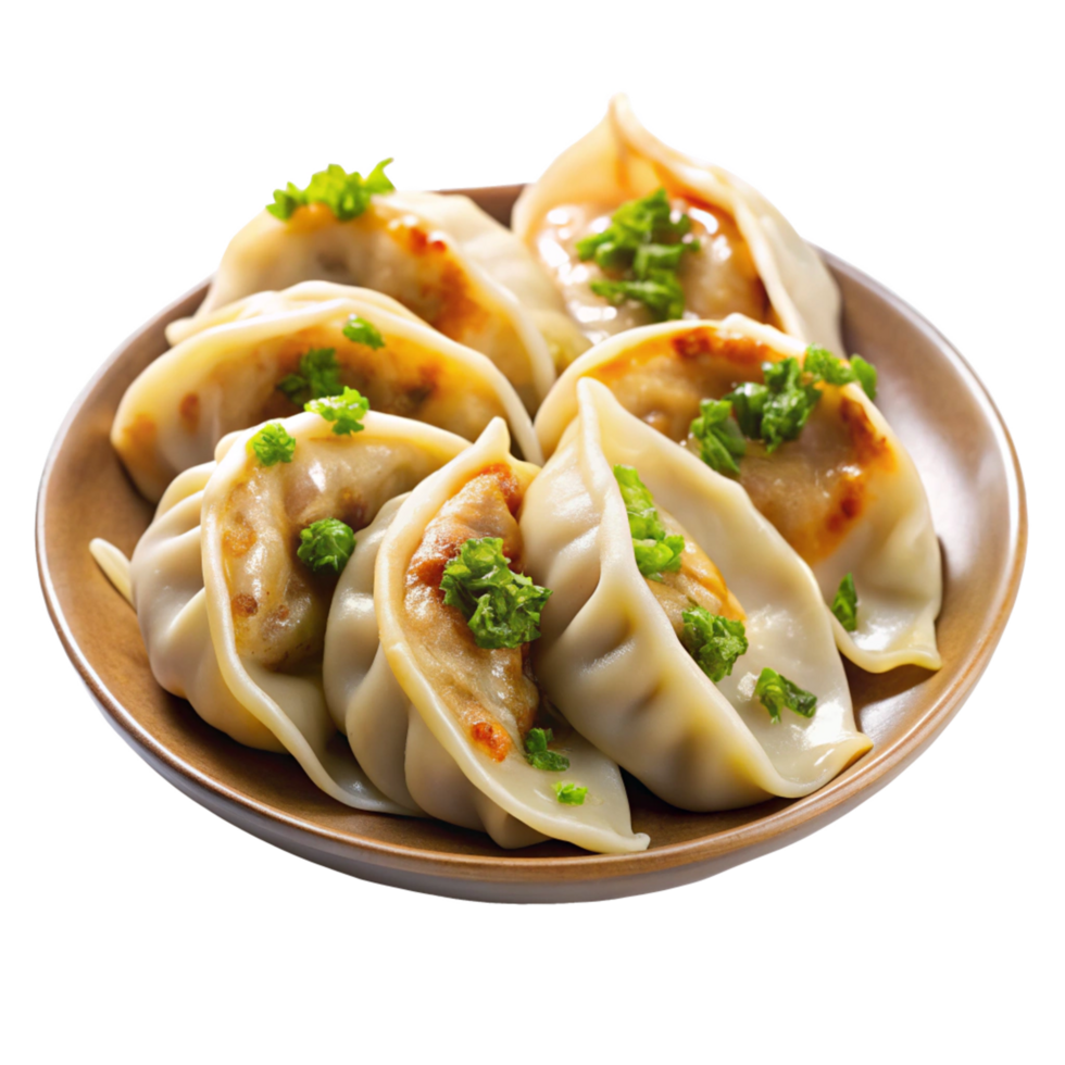 Delicious PanFried Gyoza Dumplings with Chopped Green Onions png