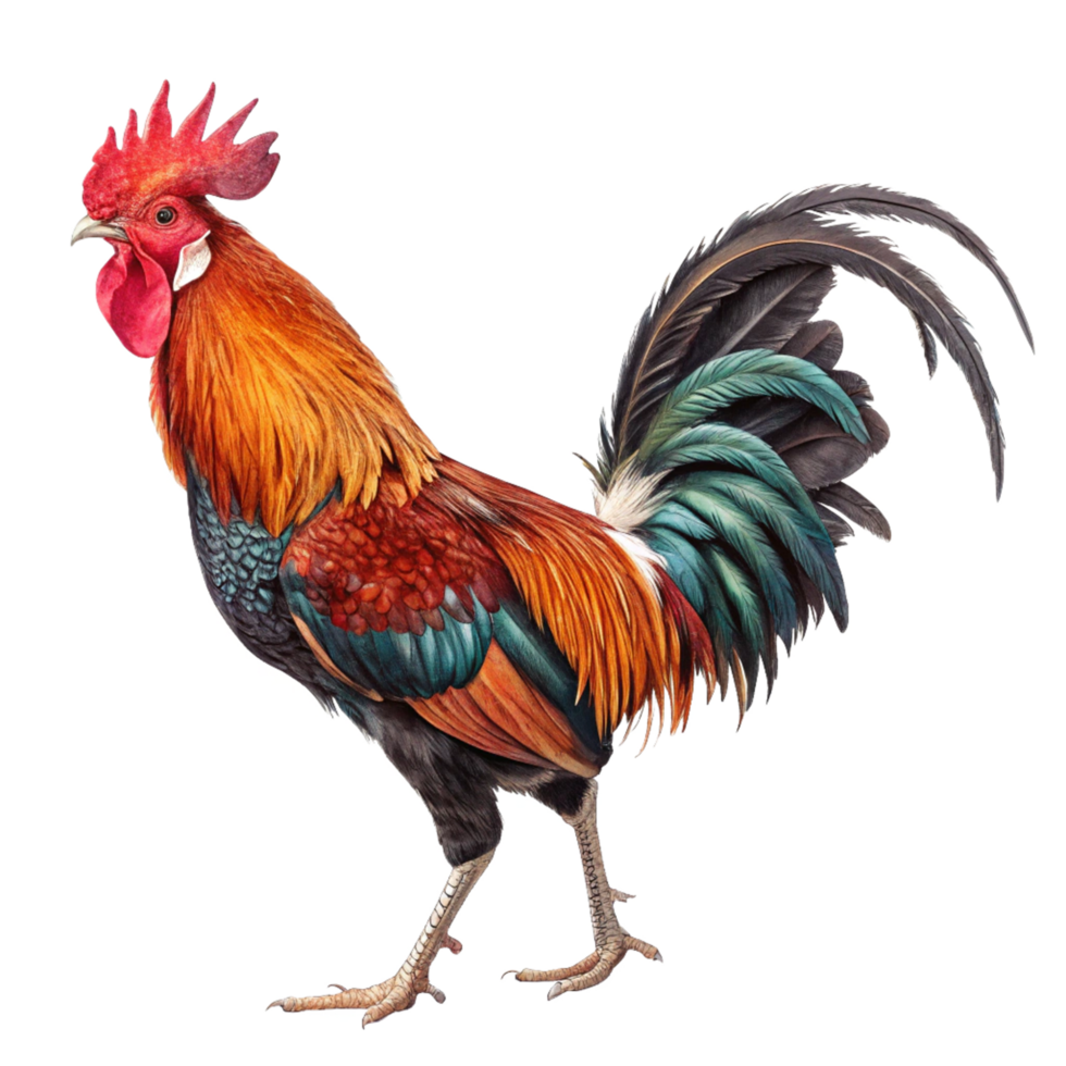 A Vibrant Rooster Illustration with Detailed Feathers and a Striking Pose png