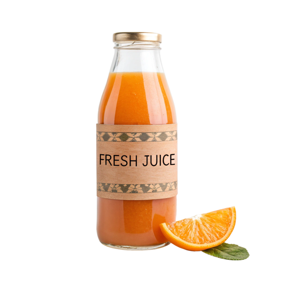 Freshly Squeezed Orange Juice in a Glass Bottle with a Slice of Orange png