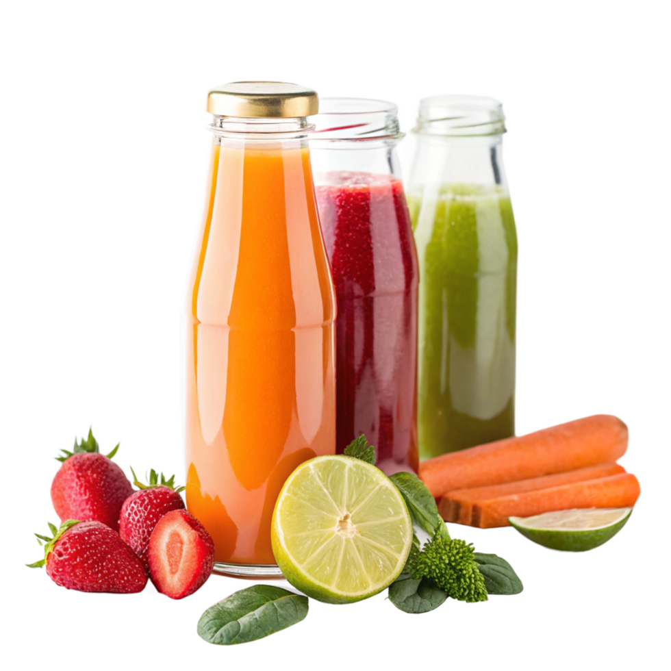 Refreshing Homemade Carrot Strawberry Beet and Green Smoothies in Glass Bottles png