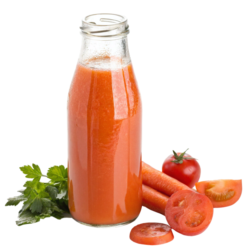Delicious and Refreshing Carrot and Tomato Juice in a Glass Bottle with Fresh Ingredients png