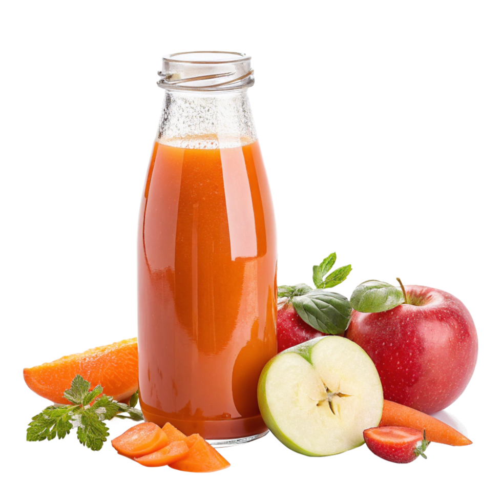 Delicious and Refreshing Carrot Apple Juice Bottle with Sliced Fruits and Vegetables png