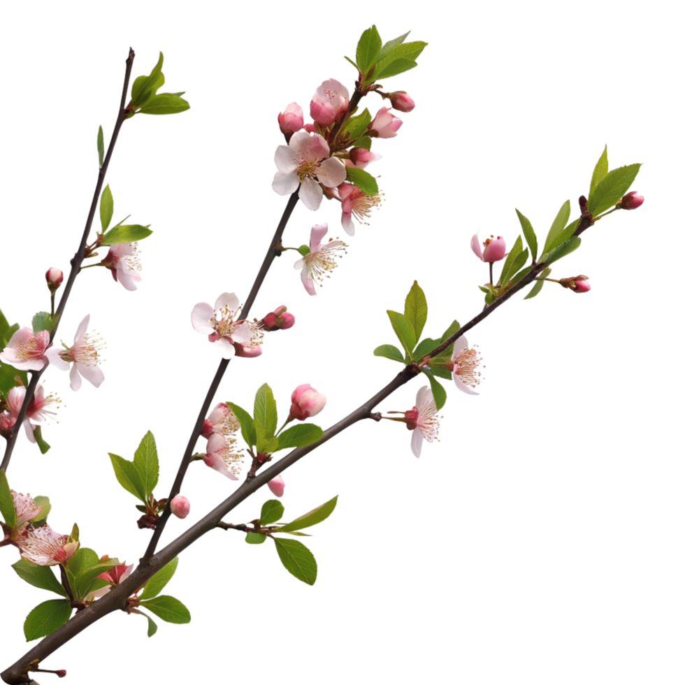 Closeup of a Branch with Delicate Pink Blossoms and Vibrant Green Leaves png