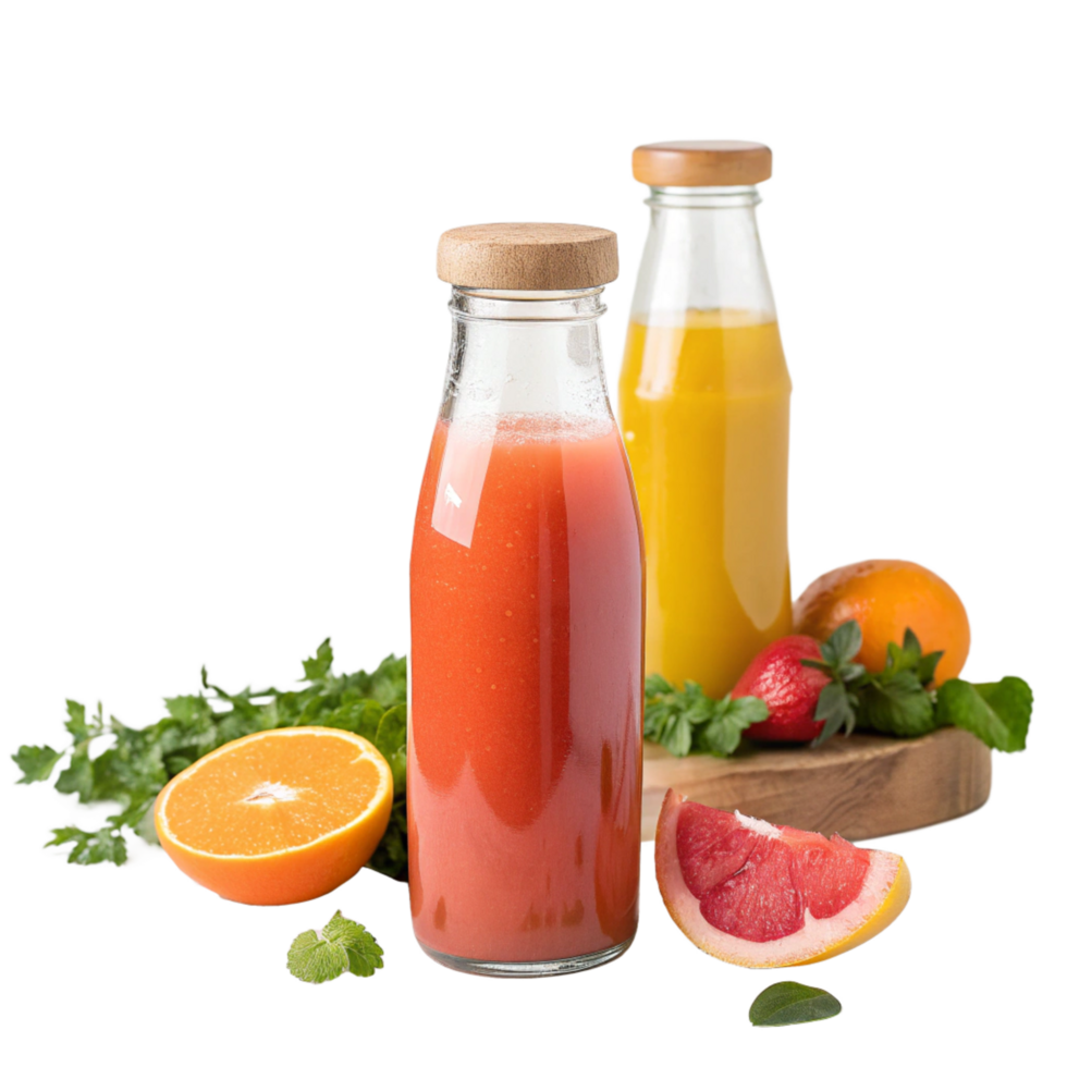 Refreshing Fruit Juices in Glass Bottles with Fresh Citrus Fruits and Berries png