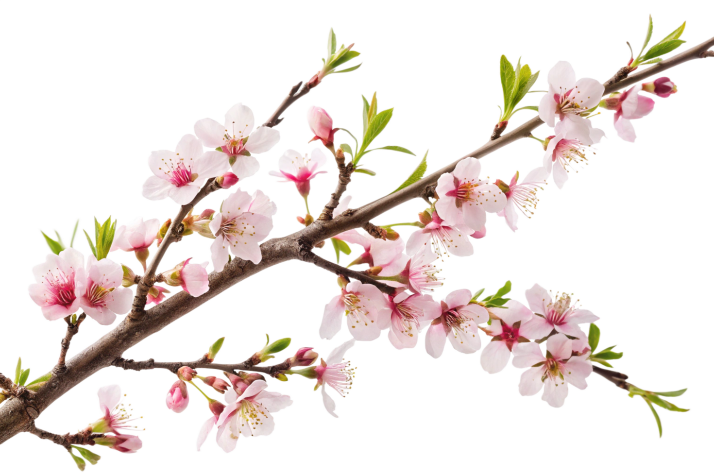 Stunning image of a blossoming pink peach tree branch with delicate flowers and vibrant green leaves against a black background png