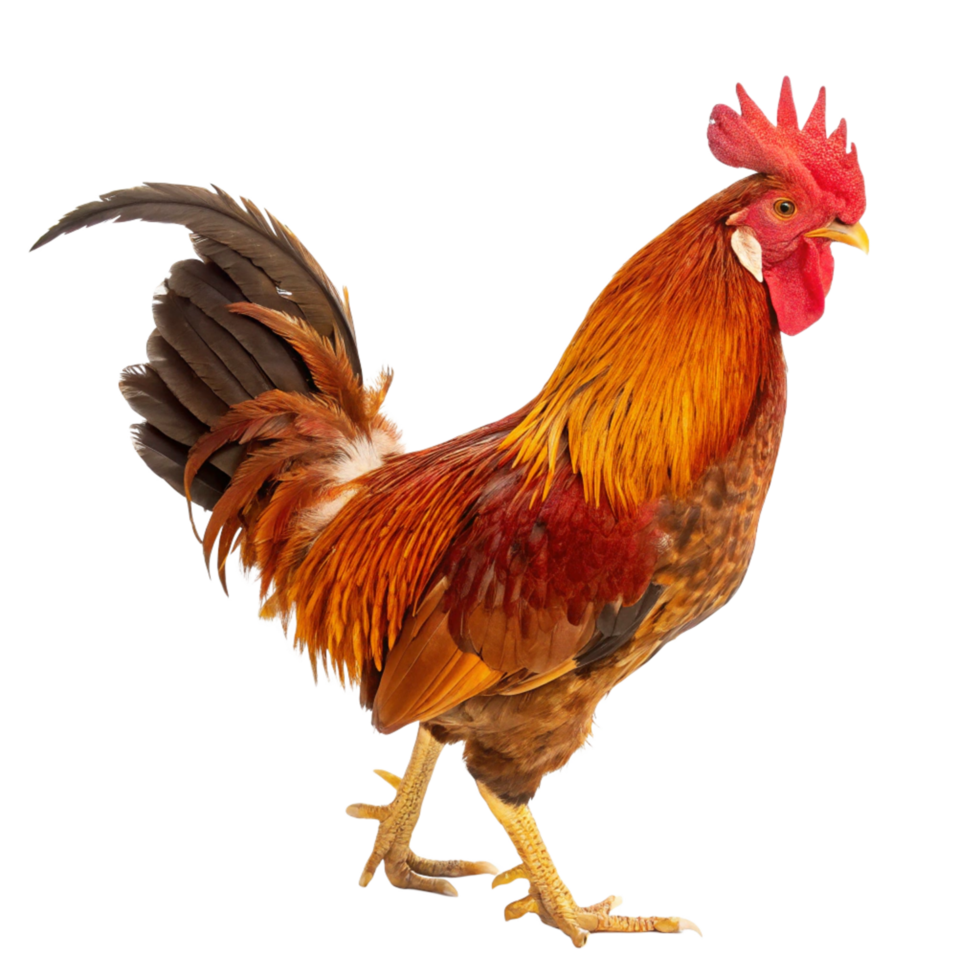 A Stunning Rooster with Vibrant Orange and Brown Feathers Against a Black Background png