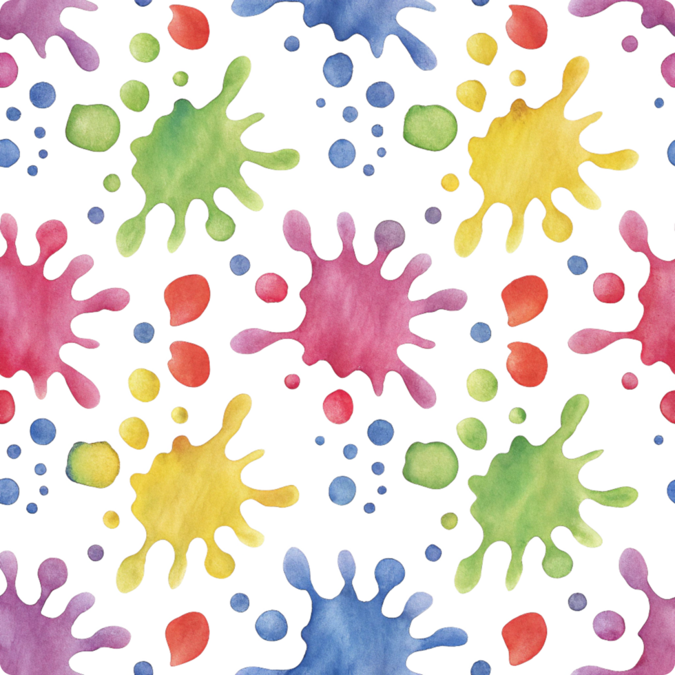 Vibrant Watercolor Splashes and Dots Seamless Pattern on Black Background png