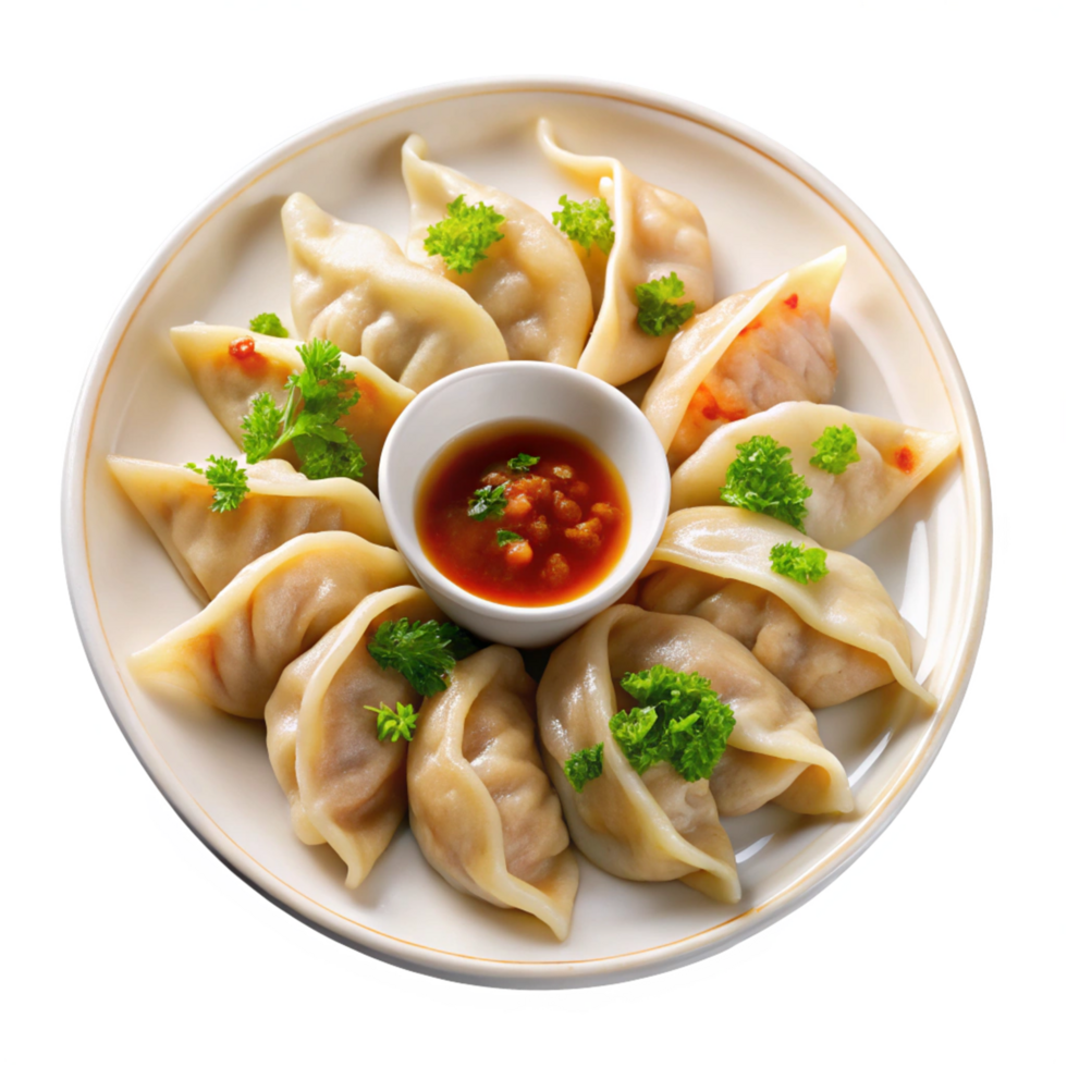 Delicious Steamed Pork and Vegetable Dumplings with Spicy Chili Sauce png