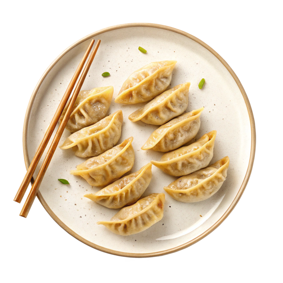 Delicious Homemade Steamed Dumplings on a Plate with Chopsticks png