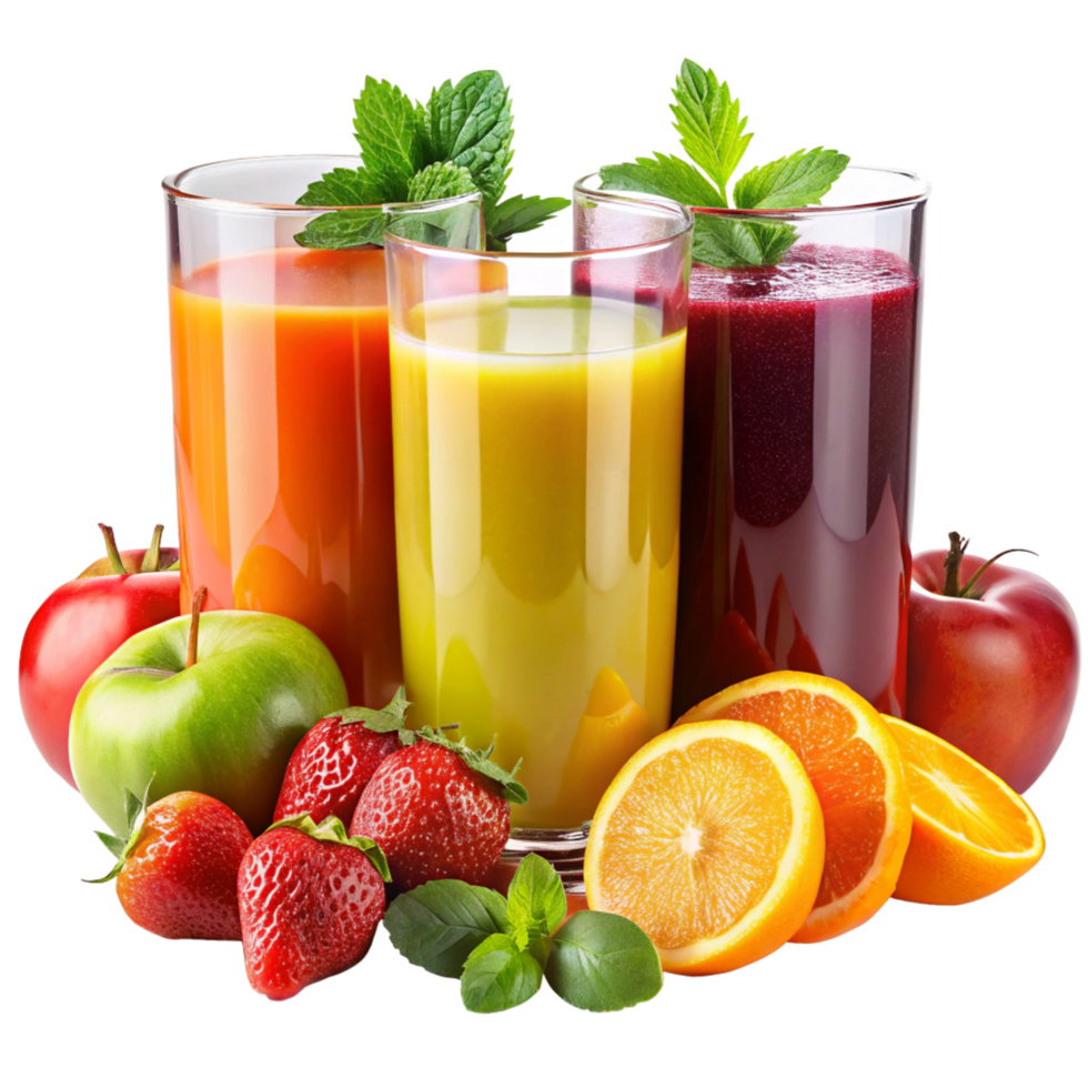 Refreshing Fruit Juices with Assorted Fruits and Mint Garnish png
