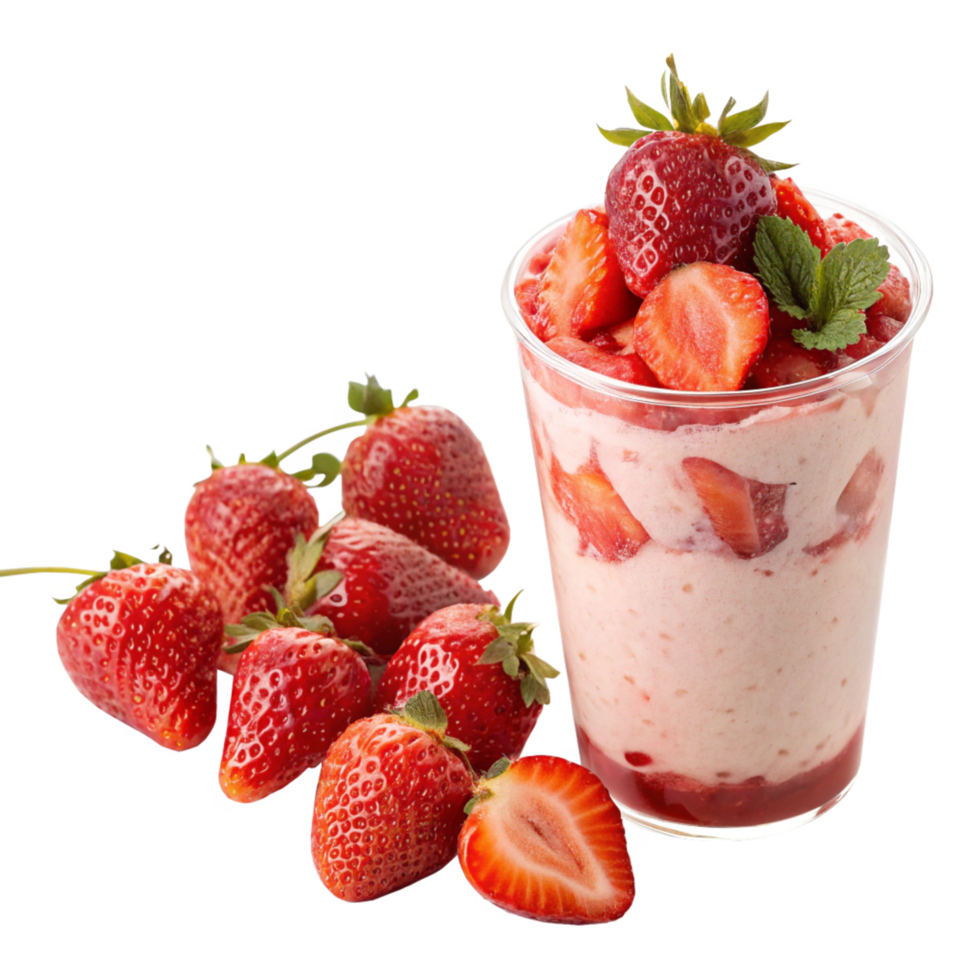 Delicious Strawberry Dessert in a Clear Cup with Fresh Strawberries png