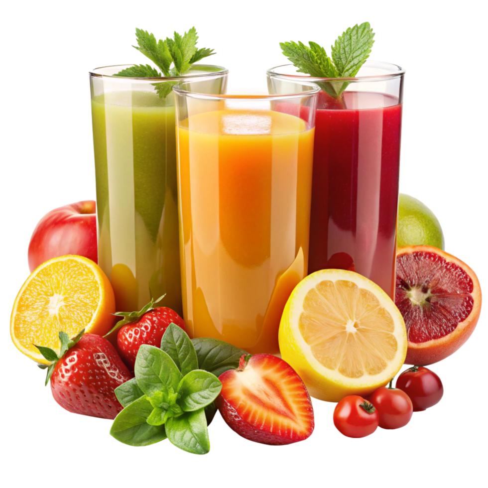Refreshing Fruit Juices in Glasses with Fresh Fruits and Mint Garnish png