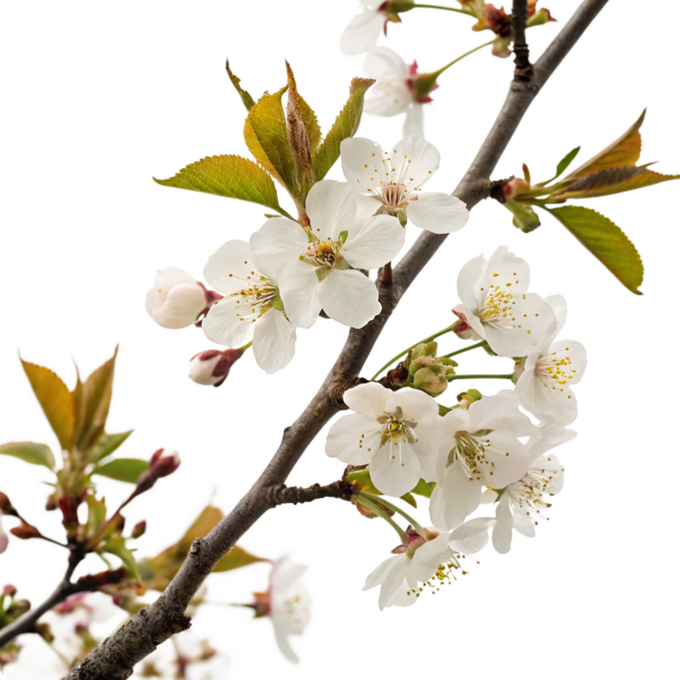 Stunning Closeup of Delicate White Cherry Blossoms in Full Bloom on a Branch png