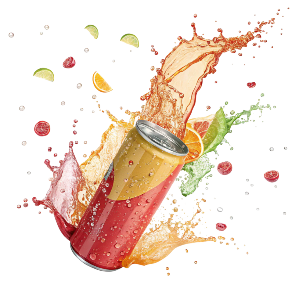 Refreshing Fruit Explosion Soda Can with Splashing Juice png