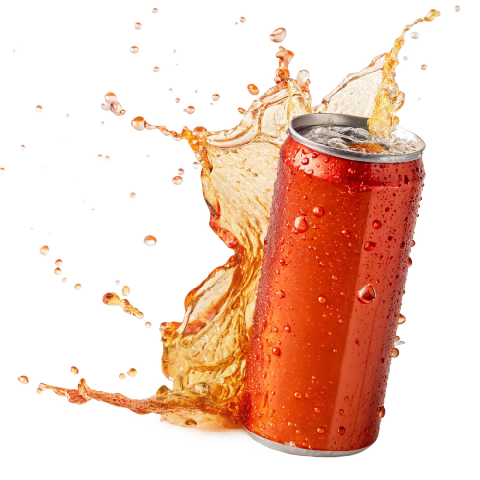 Refreshing Soda Can with Splashing Liquid and Water Droplets png