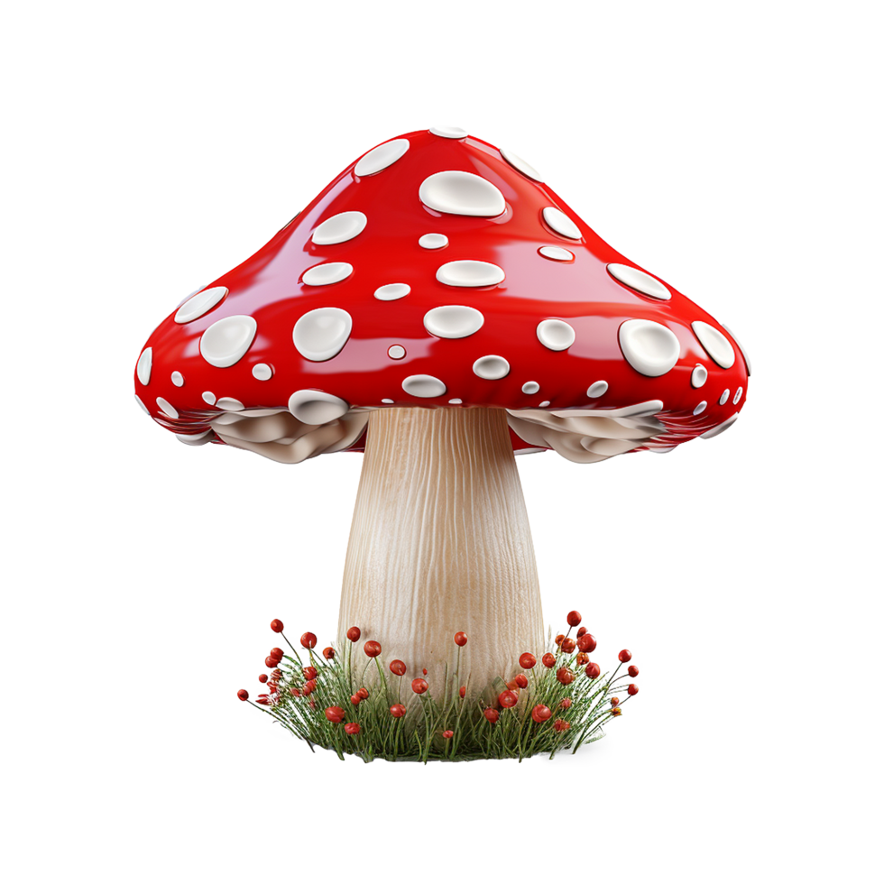 A large red and white toadstool mushroom with small red flowers at its base png