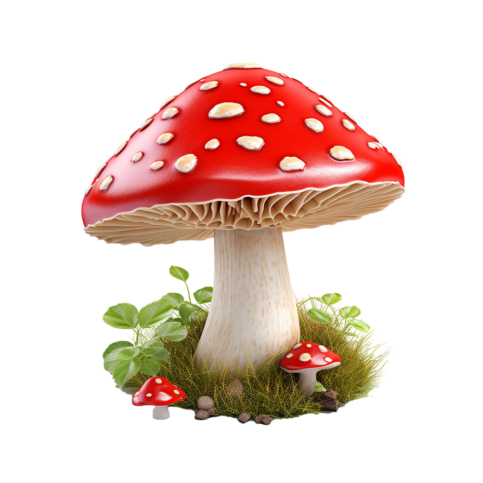 A Stunning 3D Render of a Large Red Mushroom with White Spots Surrounded by Lush Green Vegetation png
