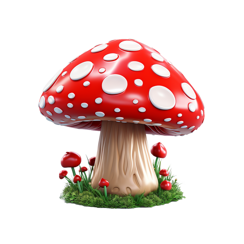 A whimsical 3D rendering of a giant red mushroom with white spots surrounded by smaller red mushrooms in lush green grass png