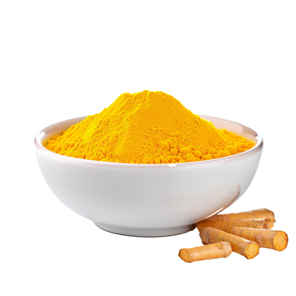 A Bowl of Turmeric Powder with Fresh Turmeric Roots on White Background png