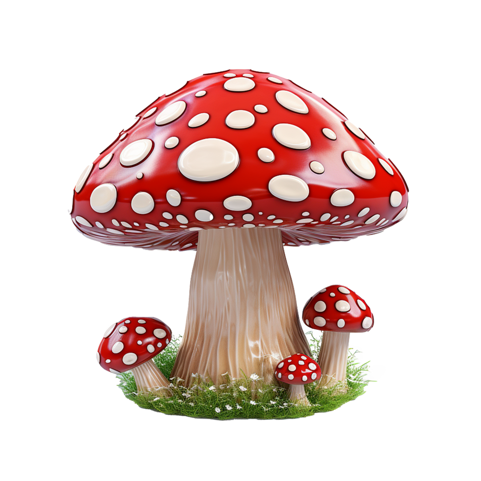 A whimsical 3D render of a large red mushroom with white spots surrounded by smaller mushrooms in a grassy area png