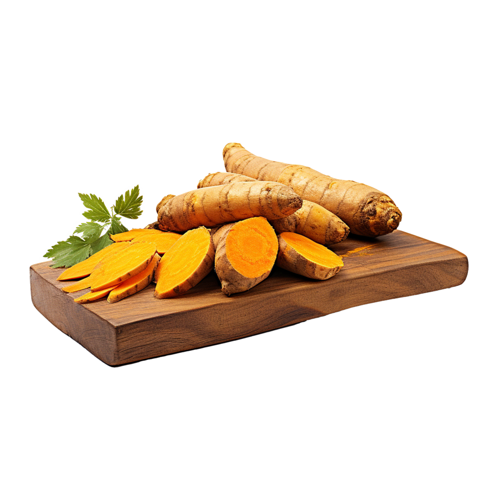 Fresh Turmeric Root Slices on Wooden Cutting Board with Parsley Garnish png