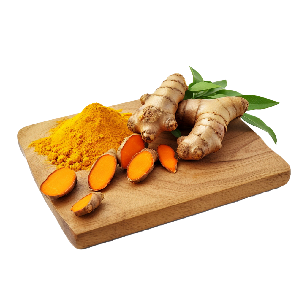 Fresh Turmeric Root and Powder on Wooden Board A Vibrant Display of Culinary and Medicinal Spice png