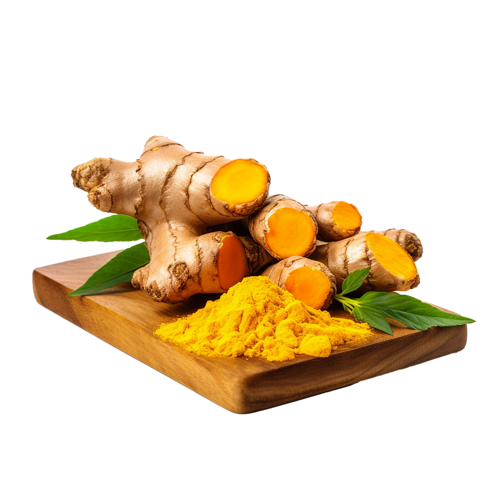 Fresh Turmeric Root and Ground Turmeric Powder on Wooden Board with Green Leaves png