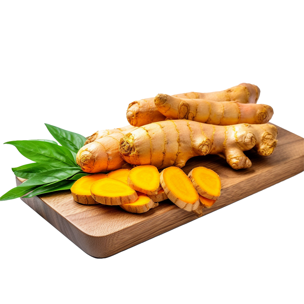 Fresh Turmeric Roots Slices on Wooden Board with Green Leaves png