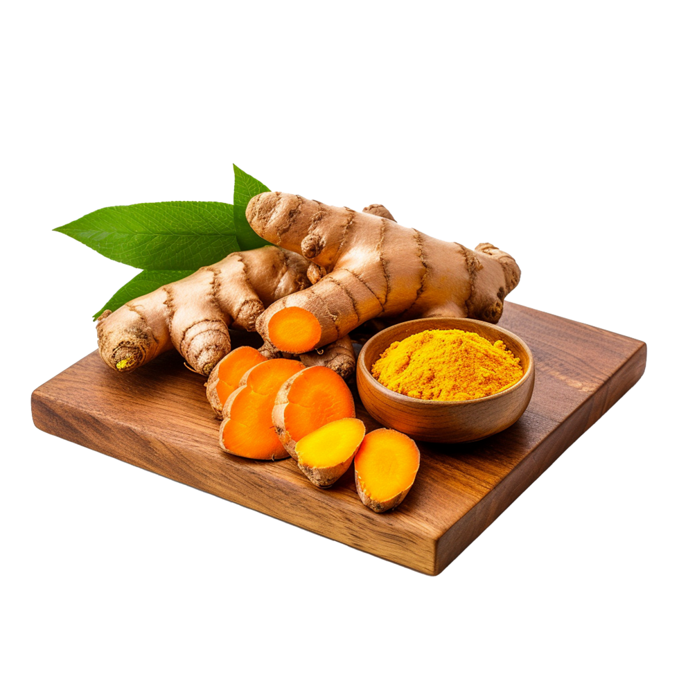 Fresh Turmeric Root with Powder on Wooden Board and Green Leaves png