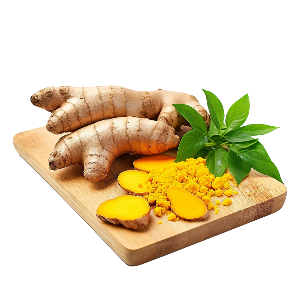 Fresh Turmeric Root with Powder and Leaves on Wooden Cutting Board png