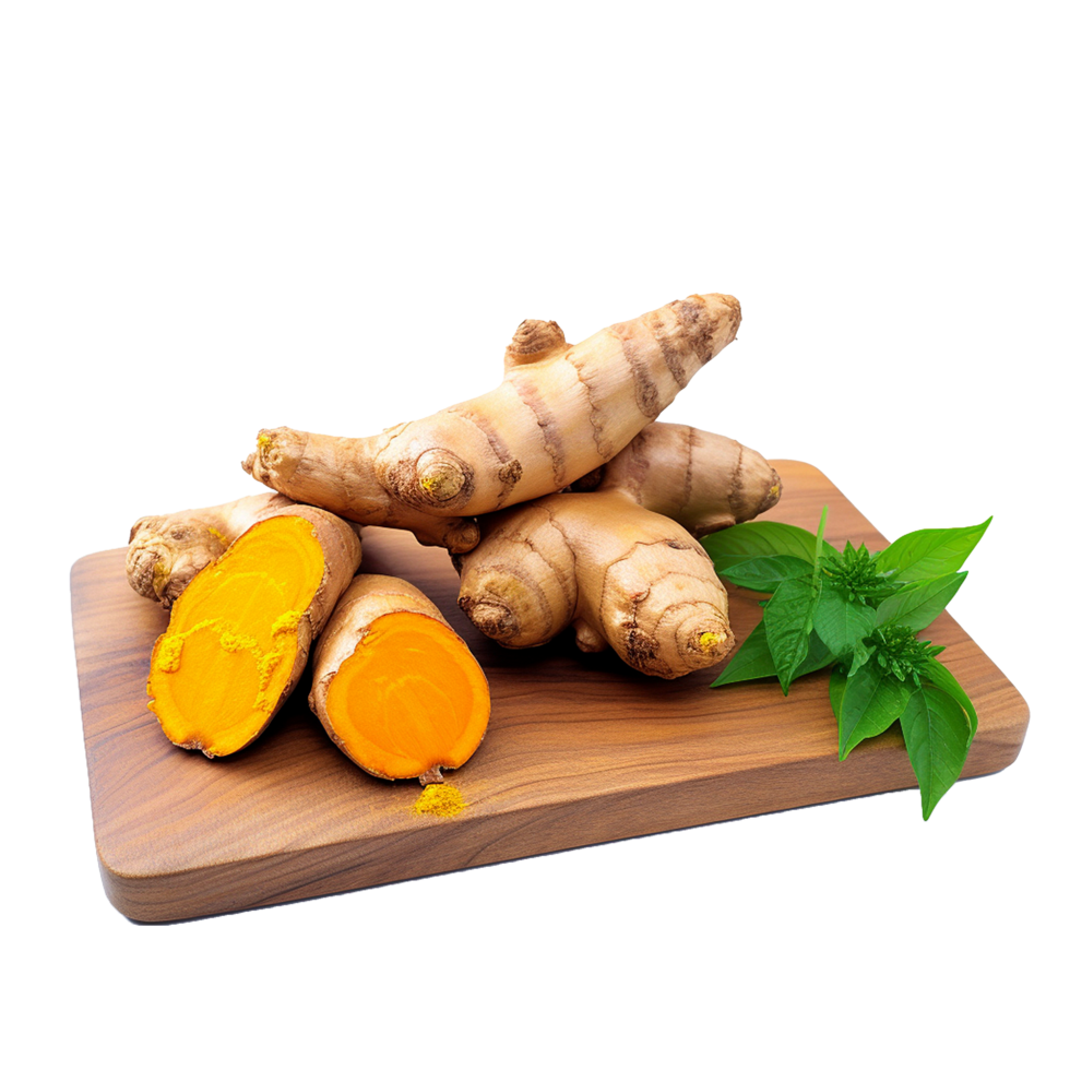 Fresh Turmeric Root on Wooden Cutting Board with Turmeric Powder and Green Leaves png