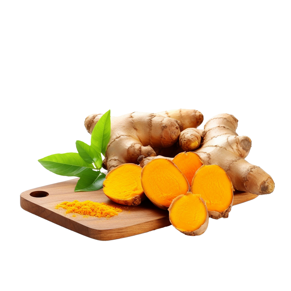 Fresh Turmeric Root with Sliced Pieces and Turmeric Powder on Wooden Board png