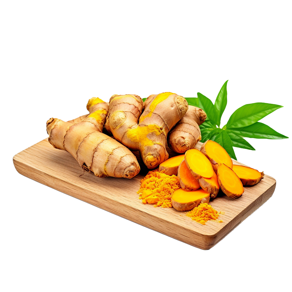 Fresh Turmeric Roots Sliced and Ground on Wooden Board with Green Leaves png
