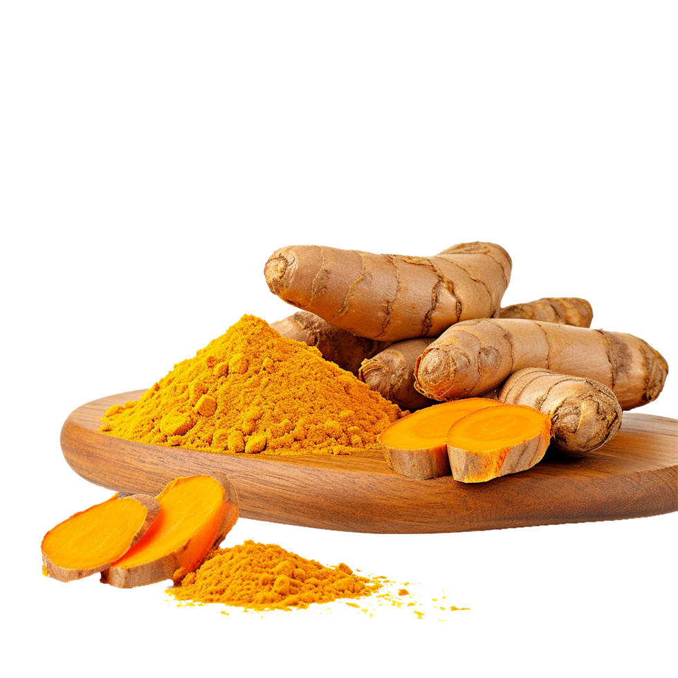 Fresh Turmeric Roots and Ground Turmeric Powder on Wooden Board png