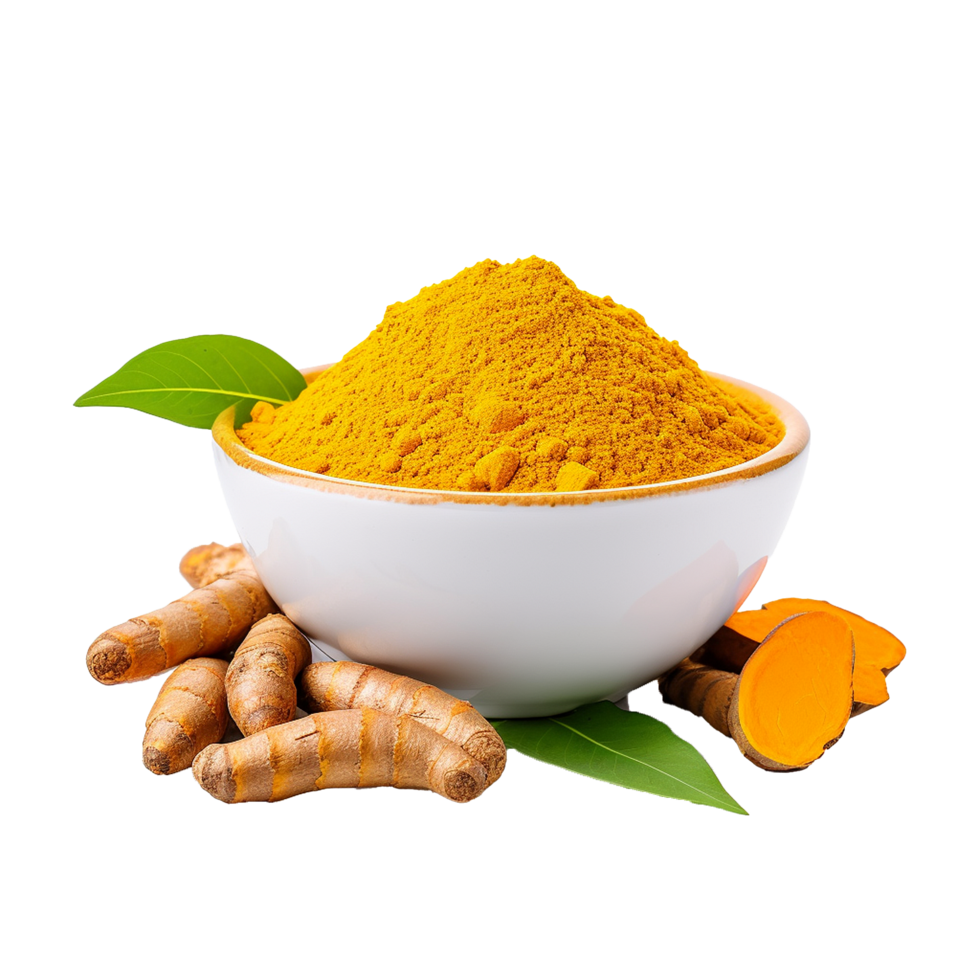 A Bowl of Turmeric Powder with Fresh Turmeric Roots and Leaves png