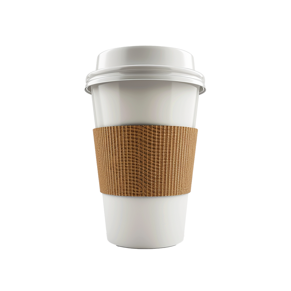 A White Disposable Coffee Cup with a Brown Cardboard Sleeve png