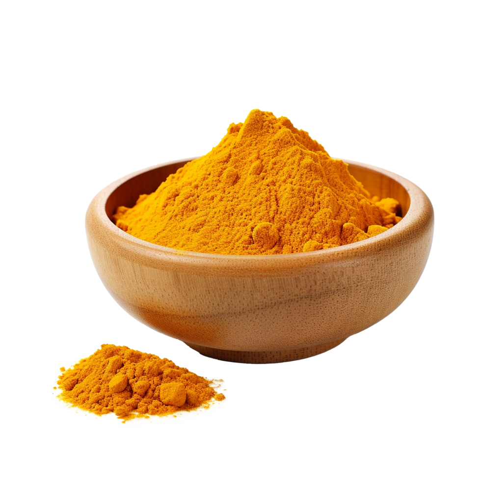 A Wooden Bowl Filled with Turmeric Powder and a Small Pile of Turmeric Powder Beside It png