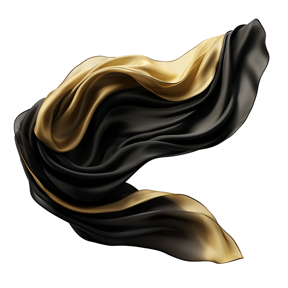 Abstract Swirling Black and Gold Fabric Drape Design, Elegant Luxury Textile Background, 3D Render of Flowing Silk, High Fashion Texture Image, Modern Artistic Composition png