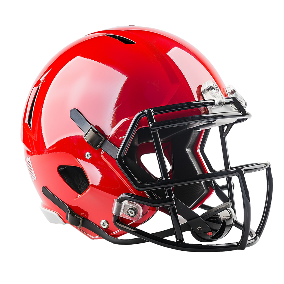Highgloss Red Football Helmet with Black Facemask and Chin Strap, Professional Grade Safety Gear for American Football png