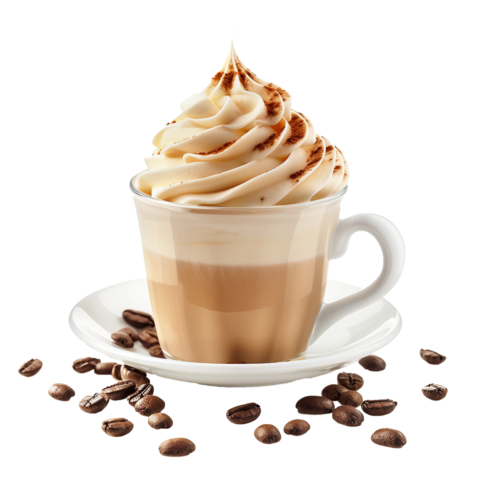 Delicious Creamy Coffee Drink with Whipped Cream and Coffee Beans png