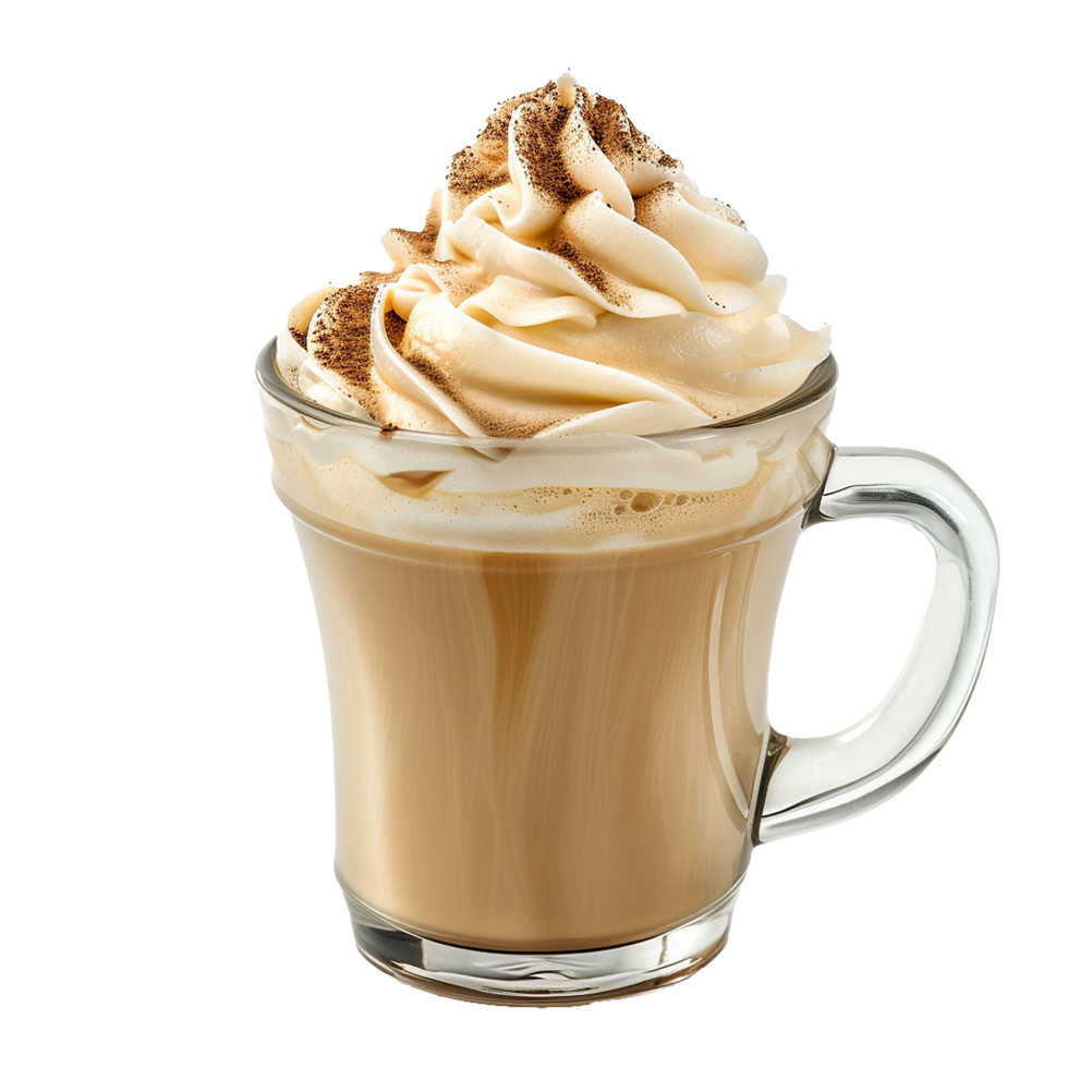 Delicious Creamy Coffee Drink in a Glass Mug Topped with Whipped Cream and Cinnamon png