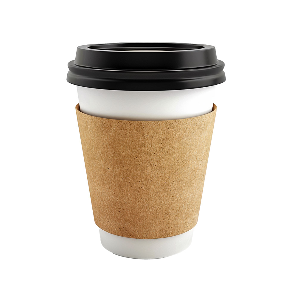 A Detailed Closeup of a Disposable Coffee Cup with a Cardboard Sleeve and Black Lid png