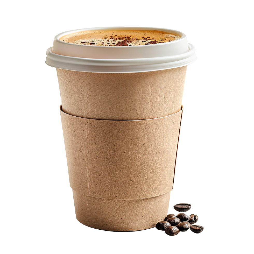 A delicious cup of coffee in a disposable paper cup with a cardboard sleeve and coffee beans png