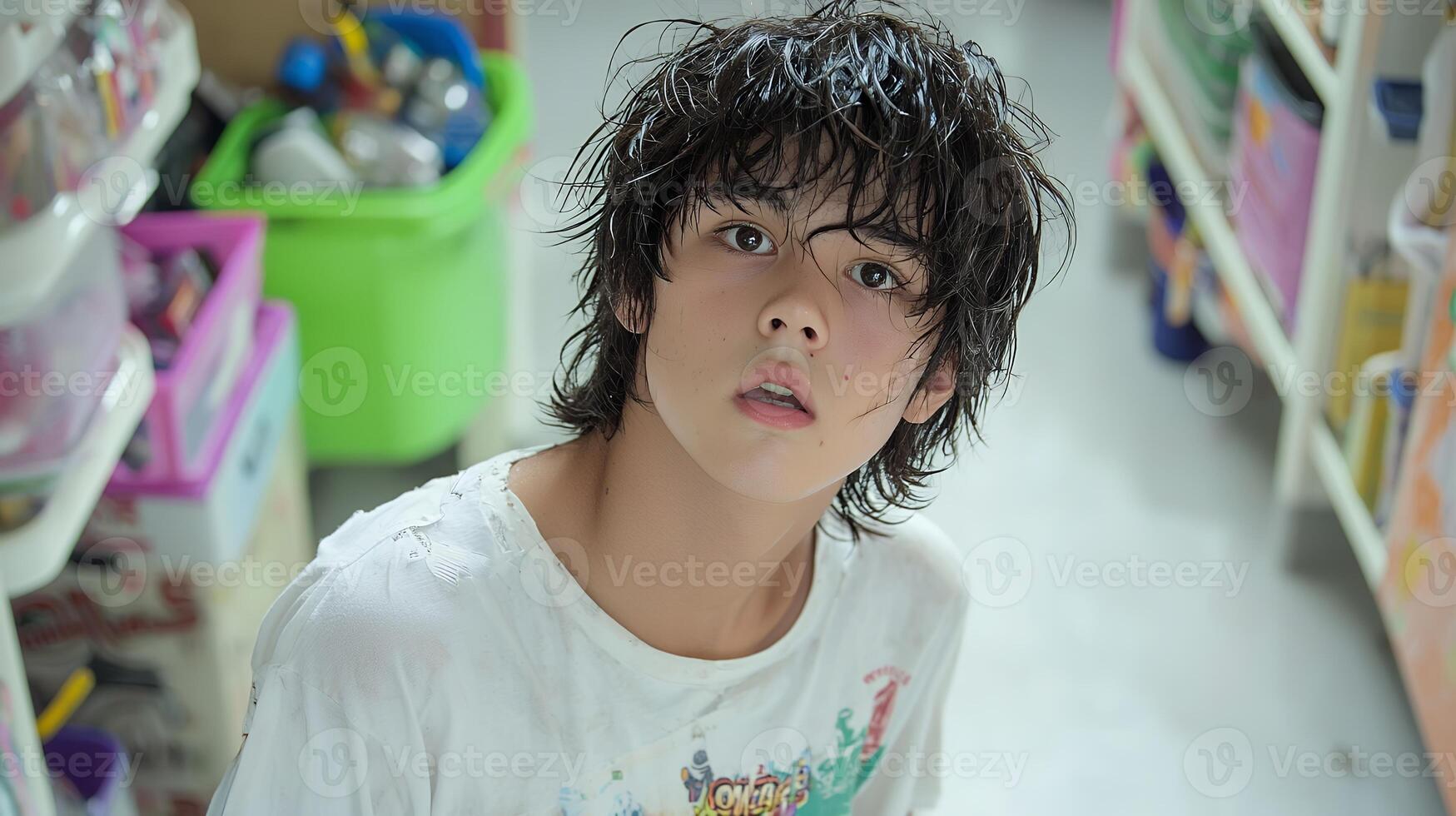 Pensieve Young Person with Disheveled Hair in Cluttered Indoor Space photo