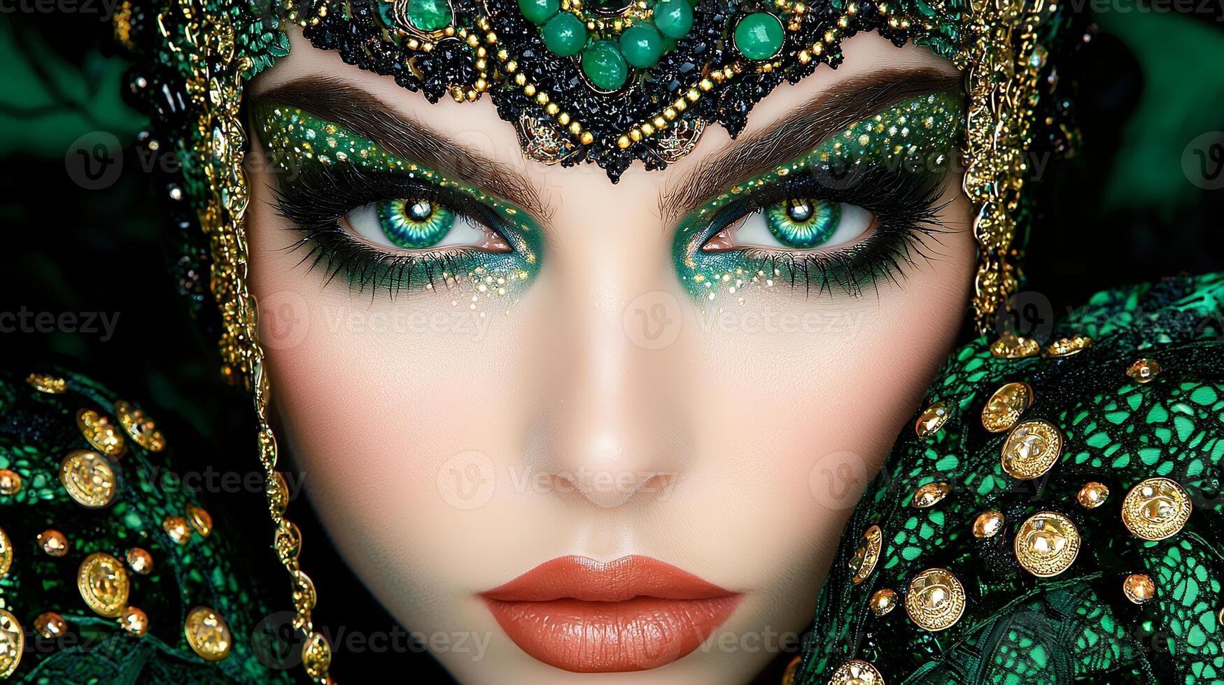 Close Up Portrait Woman Dramatic Green Gold Makeup Jeweled Headpiece photo