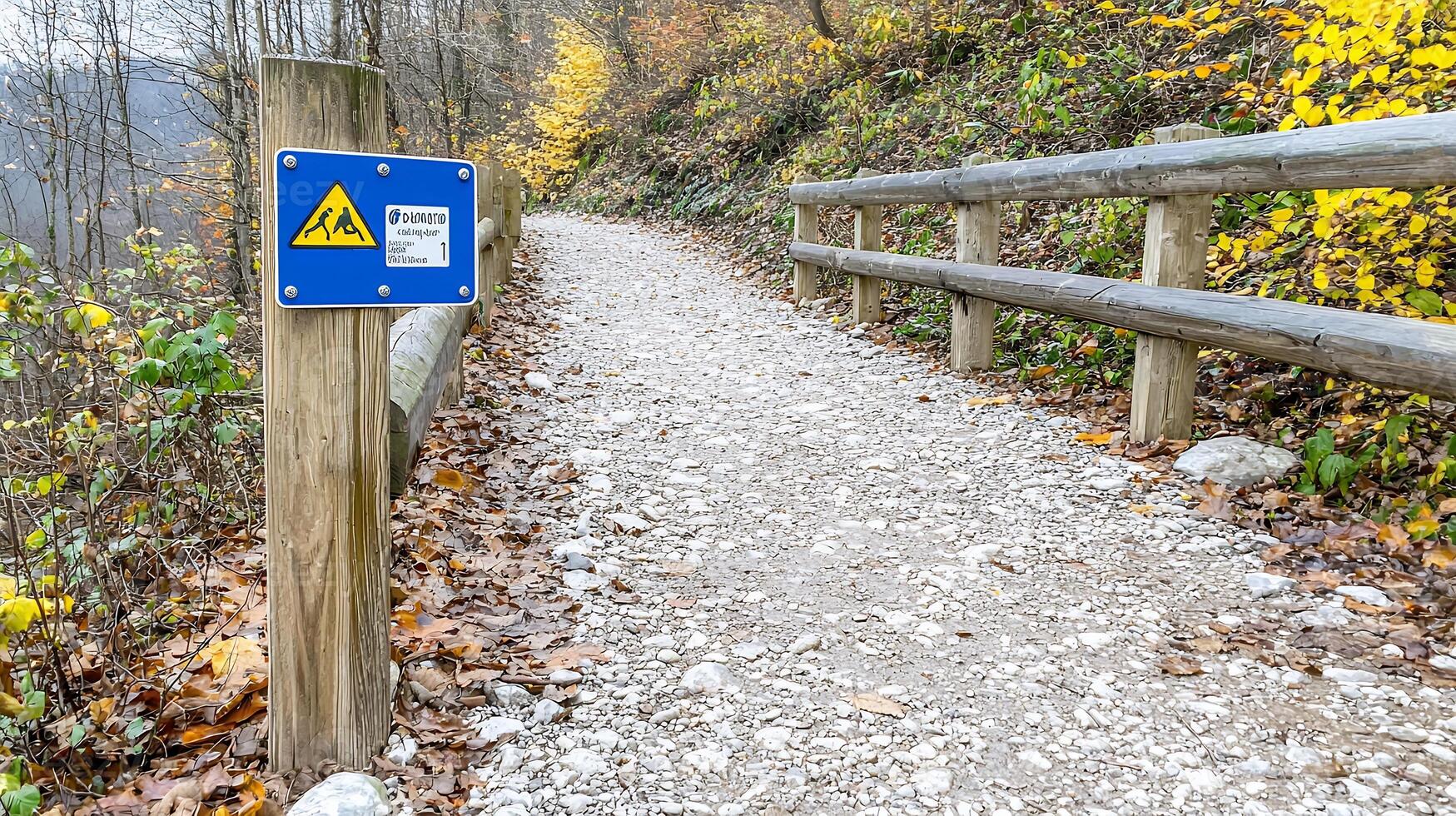 Autumnal Forest Trail with Snow Dusting and Warning Sign photo