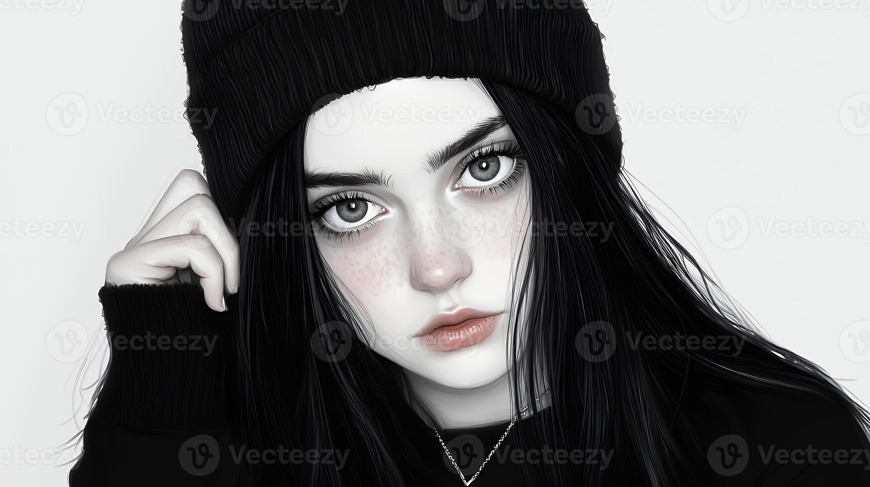 Pale Young Woman in Black Beanie and Clothing, Close up Portrait on White Background photo